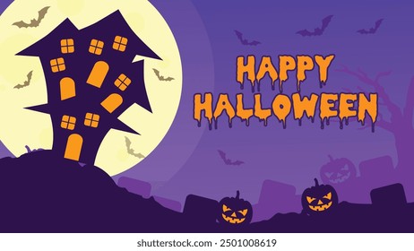 Vector Halloween banner with pumpkin, grave, bat and castle silhouette