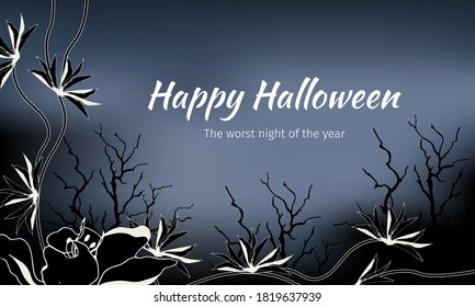 Vector Halloween banner. Scary night landscape with black flowers. Vector holiday poster.