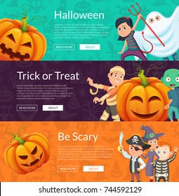 Vector halloween banner set template with cartoon pumpkins and kids in pirate, mummy and skeleton cotumes. Halloween banner holiday, kids costume vampire and pirate illustration