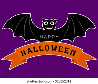 Vector of halloween bat in cute cartoon characters design is smiling and wings on the orange ribbon on a purple background.