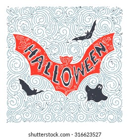 Vector Halloween bat. Hand drawn lettering halloween in grunge vintage style. Best for greeting card, posters, flayers.