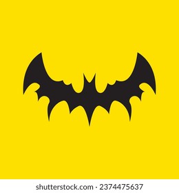 vector halloween bat icon isolated on yellow background. vector bat silhouette with wings. Night Bat vector label 