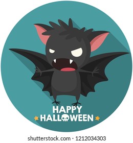 Vector Halloween bat icon. Mouse vampire with sharp teeth. Illustration in flat style. Text: Halloween.