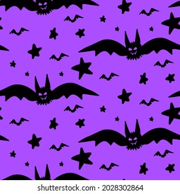 Vector halloween bat and stars in the sky seamless pattern isolated  background. Cute illustration for seasonal design, textile, decoration kids playroom or greeting card. Hand drawn prints and doodle