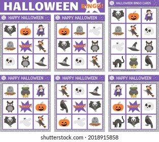 Vector Halloween bingo cards set. Fun family lotto board game with cute witch, lantern, vampire for kids. Autumn Fall holiday lottery activity. Simple educational printable worksheet.
