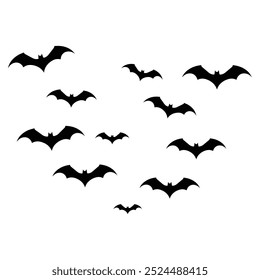 Elementos de murciélago negro de halloween de Vector, colección de murciélagos negros voladores, bandada de murciélagos voladores de halloween, Ilustración vectorial de Halloween.