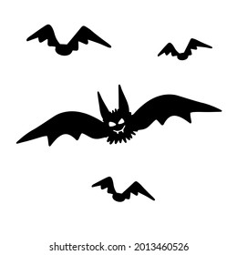 Zwischen Schwarzen Fledermäusen, die in kartoonfarbener Silhouette gezeichnet sind. Hübsche, süße Illustration für saisonales Design, Textilien, Dekoration Kinderspielzimmer oder Grußkarte. Handgezeichnete Drucke und Doodle.
