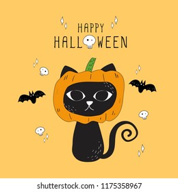 vector of Halloween black cat doodle.
