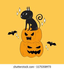 vector of Halloween black cat and pumpkins doodle.