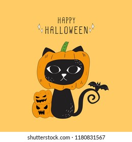 vector of Halloween black cat and pumpkins doodle.