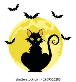 
Vector halloween black cat. A halloween cat sitting in the moonlight. White background.