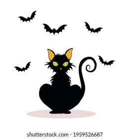 
Vector halloween black cat. A black halloween cat is sitting. White background.