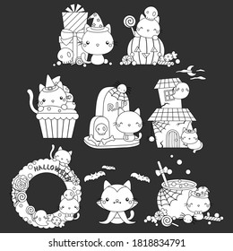 a vector of a halloween black cat in black and white colour