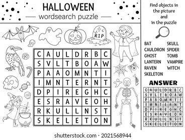 Vector Halloween black and white wordsearch puzzle for kids. Simple crossword or coloring page with haunted house and scary things. Keyword activity with funny witch, vampire, ghost, bat
