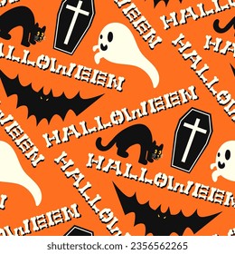 palabra ósea vectorial de halloween y casket, fantasma, murciélago, gato negro patrón transparente en naranja