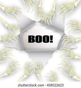 Vector Halloween Boo background with skeleton arms on white background  for promotional, party, sale offers, invitations design, banners.