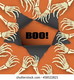 Vector Halloween Boo background with skeleton arm for promotional, party, sale offers, invitations design, banners.