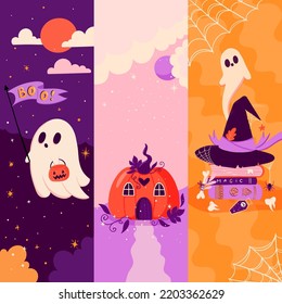 Marcadores de Halloween vectores con calabaza, fantasma, calaveras, sombrero de bruja, libros, dientes. Tarjeta de vacaciones de otoño para imprimir.