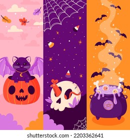 Vector  Halloween bookmarks with pumpkin, mouse, skull, bats, black cat, cauldron, candy corn. Autumn holiday card for print.