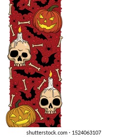 Vector Halloween border with Jack-o'-lanterns, bats, skulls, spiders, bones for scary design, print, poster, cover, sticker, packing. Spooky illustration for horror decor, festival, party invitation.