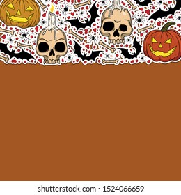 Vector Halloween border with Jack-o'-lanterns, bats, skulls, spiders, bones for scary design, print, poster, cover, sticker, packing. Spooky illustration for horror decor, festival, party invitation.