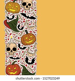 Vector Halloween border with Jack-o-lanterns, bats, skulls, eyeballs, witch hat, bones for scary design, print, poster, cover, packing. Spooky illustration for horror decor, festival, party invitation