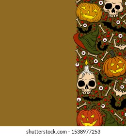 Vector Halloween border with Jack-o-lanterns, bats, skulls, eyeballs, witch hat, bones for scary design, print, poster, cover, packing. Spooky illustration for horror decor, festival, party invitation