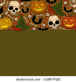 Vector Halloween border with Jack-o-lanterns, bats, skulls, eyeballs, witch hat, bones for scary design, print, poster, cover, packing. Spooky illustration for horror decor, festival, party invitation