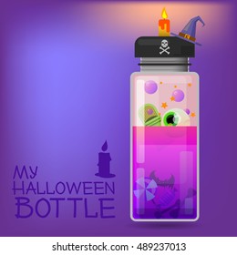 Vector Halloween bottle. The bottle with hat and candle. In bottle you can see any skull, bones, eye and finger. Can be used for case, prints or logotype.  