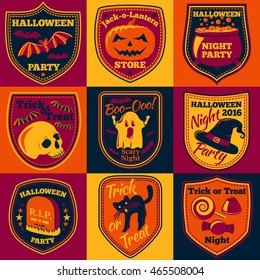 Vector Halloween bright labels set with - ghost, witch hat, skull, cat, pumpkin, cauldron etc.