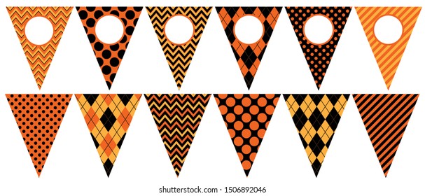 Vector Halloween Bunting Garland. Triangle Flags Banner. Printable Party Decoration Template. Blank Round Labels with Copy Space for Text. Pattern Tile Swatches Used are Included in EPS File.