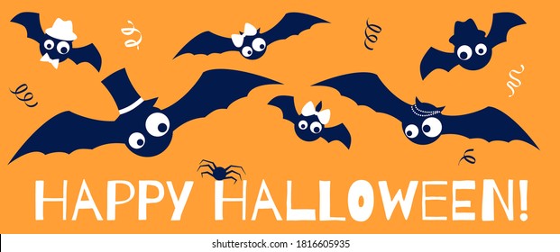 Vector Halloween card with big family of chic bats in hat and with bows having fun and celebrate on a party .