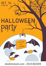 Vector Halloween card with a big moon, a spooky tree and bats with letters. Postcard, invitation to a holiday.