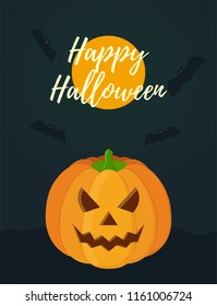 Vector Halloween card for celebration, holiday. Pumpkin lantern on moon background with spooky bats.