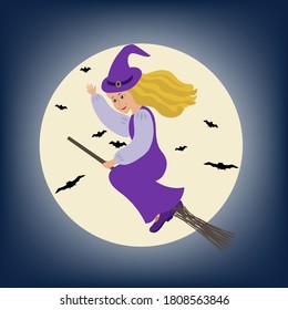 Vector of Halloween card with cute withc flying on broomstic on moon background with bats