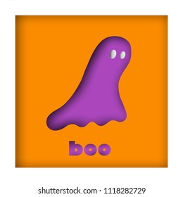 Vector Halloween card design, cute ghost in paper cut style.