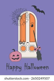 Cartão de Halloween vetor com porta, abóbora, vassoura, morcego, aranha, teia de aranha. Feriados bonitos desenhos de cartaz imprimível