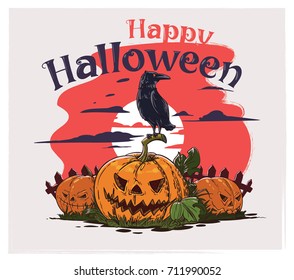 Vector halloween card, Evil pumpkin with raven on it.