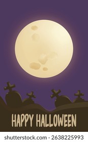 Vector Halloween card with full moon, night cemetery, gravestones, bats and “Happy Halloween” text. Spooky holiday greeting illustration in flat cartoon style, isolated on dark background. Copy space