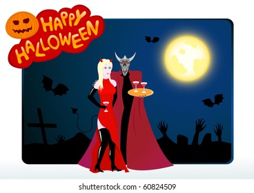 Vector halloween card with girl and devil