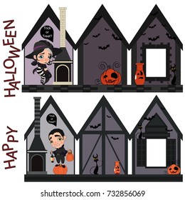 Vector Halloween Card as Haunted house for party invitation.
Happy Halloween: Witch and Vampire.