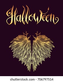 Vector halloween card with lettering and illustration of heart shaped angels wings on violet background. Card design template. Halloween icons. Scary bohemian logo