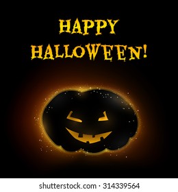Vector Halloween card pumpkin in backlight with glowing eyes and mouth and highlights