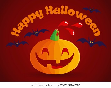 Vector Halloween card of pumpkin with blood drop in kawaii style for Halloween. Cute pumpkin and bats in manga style.