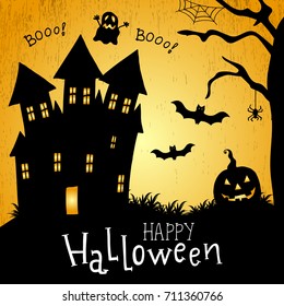 Vector halloween card. Vector silhouettes of house, pumpkin, bat. spider, ghost, web. 