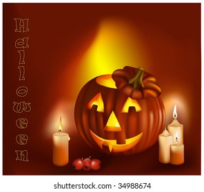 Vector. Halloween card with smiling pumpkin and burning candles.