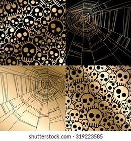 Vector halloween card with spider web and skulls seamless pattern. Vintage gold design for menu, gift card and cover