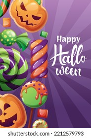 Vector Halloween card with sweets or party invitation. Party invitation, trick or treat. cartoon illustration