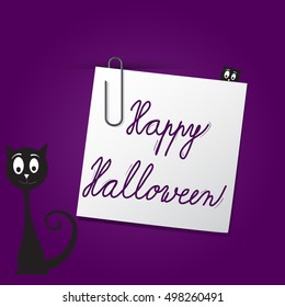 Vector Halloween card template on dark purple background. Card concept with paper, paperclip and black cat.