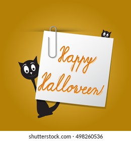 Vector Halloween card template on dark orange background. Card concept with paper, paperclip and black cat.